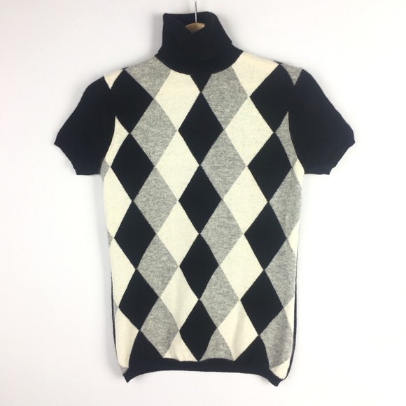 100% Cashmere short sl sweater argyle black white - Picture 1 of 6